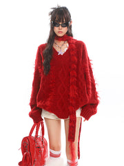 Red Scarf V-Neck Fur Sweater