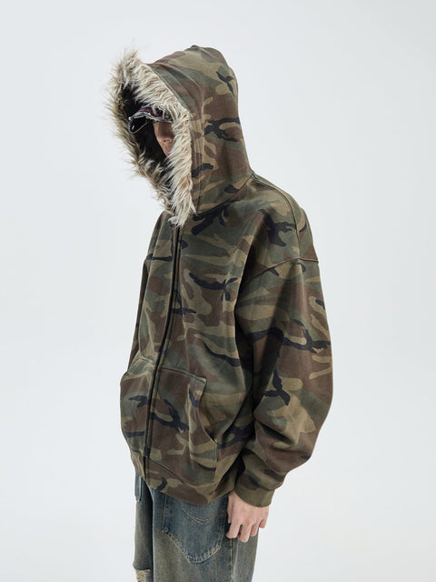 Fur Trim Camouflage Hoodie