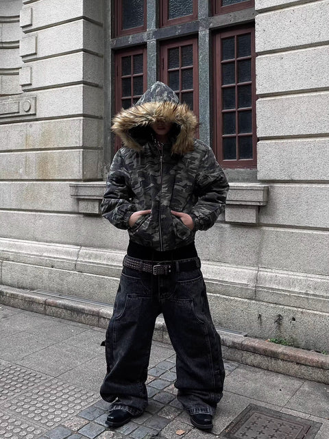 Camouflage Fake Fur Puffer Jacket