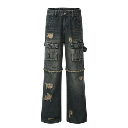 Damage Multi Pocket Straight Leg Denim Jeans