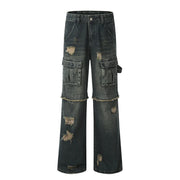 Damage Multi Pocket Straight Leg Denim Jeans