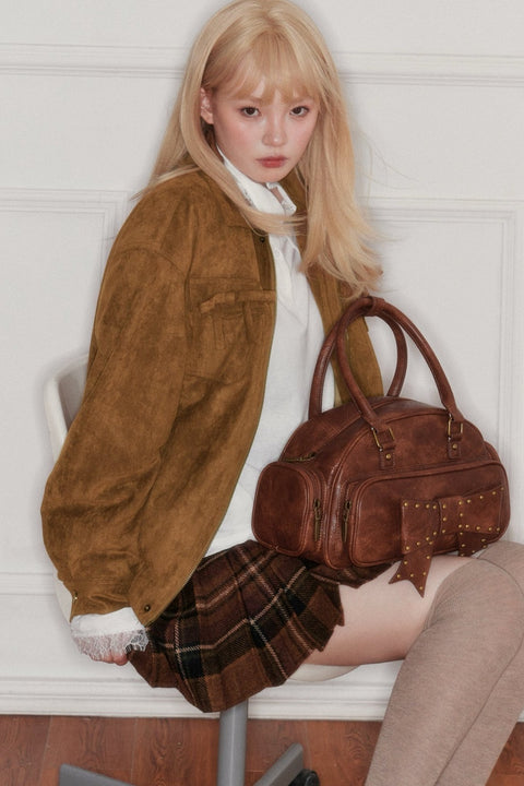 Yellow Brown Bow Suede Jacket