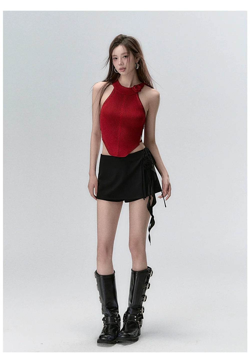 Red & Beige Rose Decor Crewneck Knitted Vest - My Store
