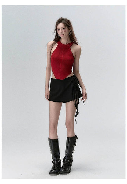 Red & Beige Rose Decor Crewneck Knitted Vest - My Store