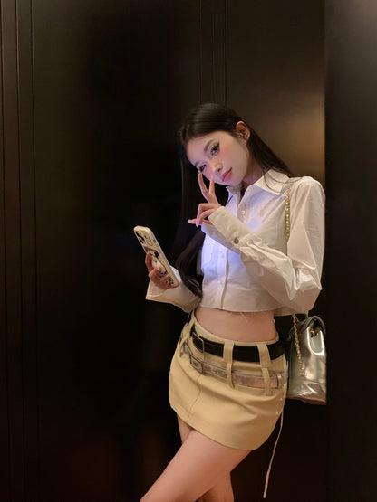 White Blouse Top & Double Belt Skirt
