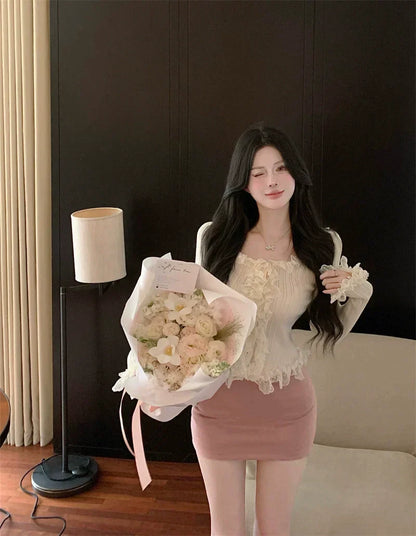 Cardigan Ruffle Top & Pink Skirt Set