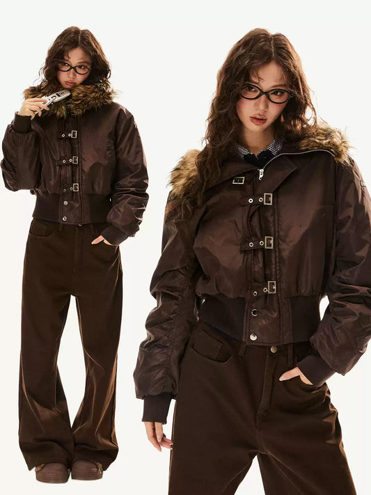 Clasp Fur Hood Cropped Jacket