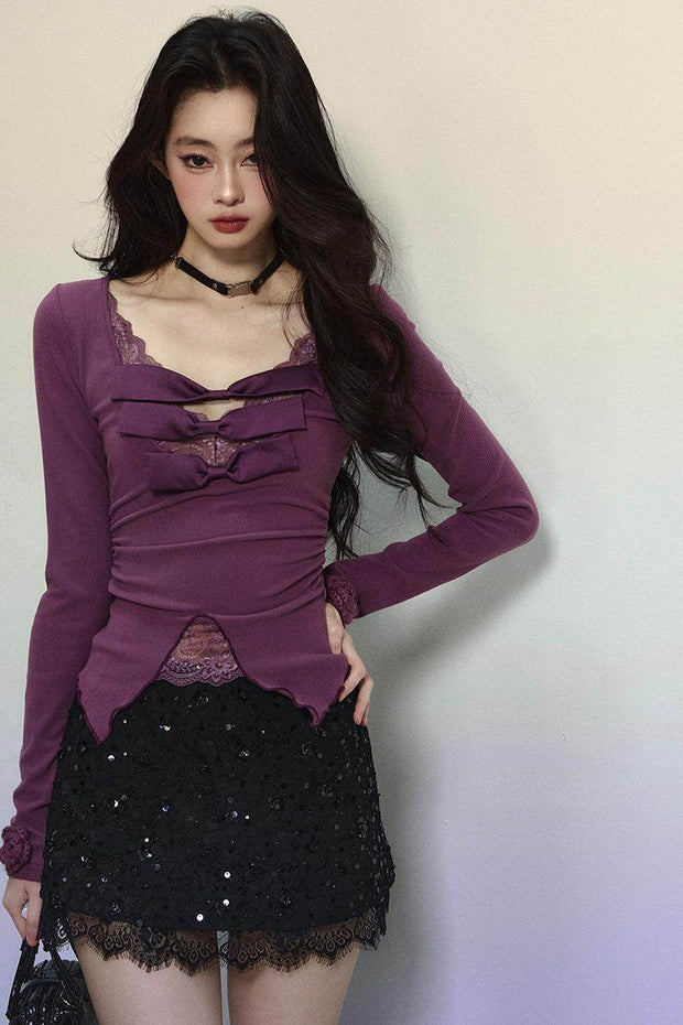 Purple Lace Embroidered Knit Top - My Store