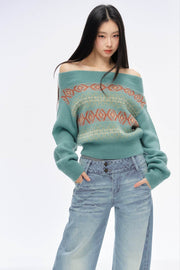 One-Shoulder Jacquard Sweater - My Store