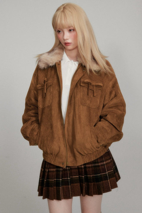 Yellow Brown Bow Suede Jacket