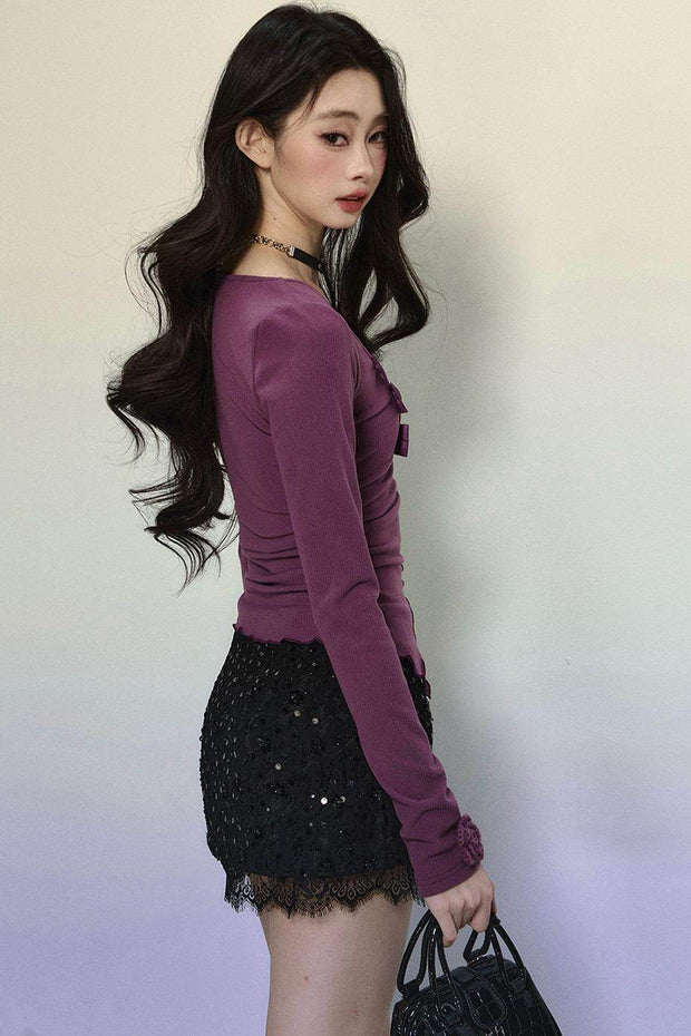 Purple Lace Embroidered Knit Top - My Store