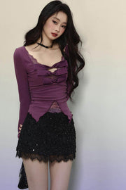 Purple Lace Embroidered Knit Top - My Store