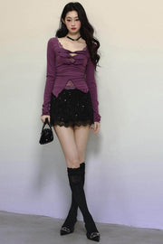 Purple Lace Embroidered Knit Top - My Store