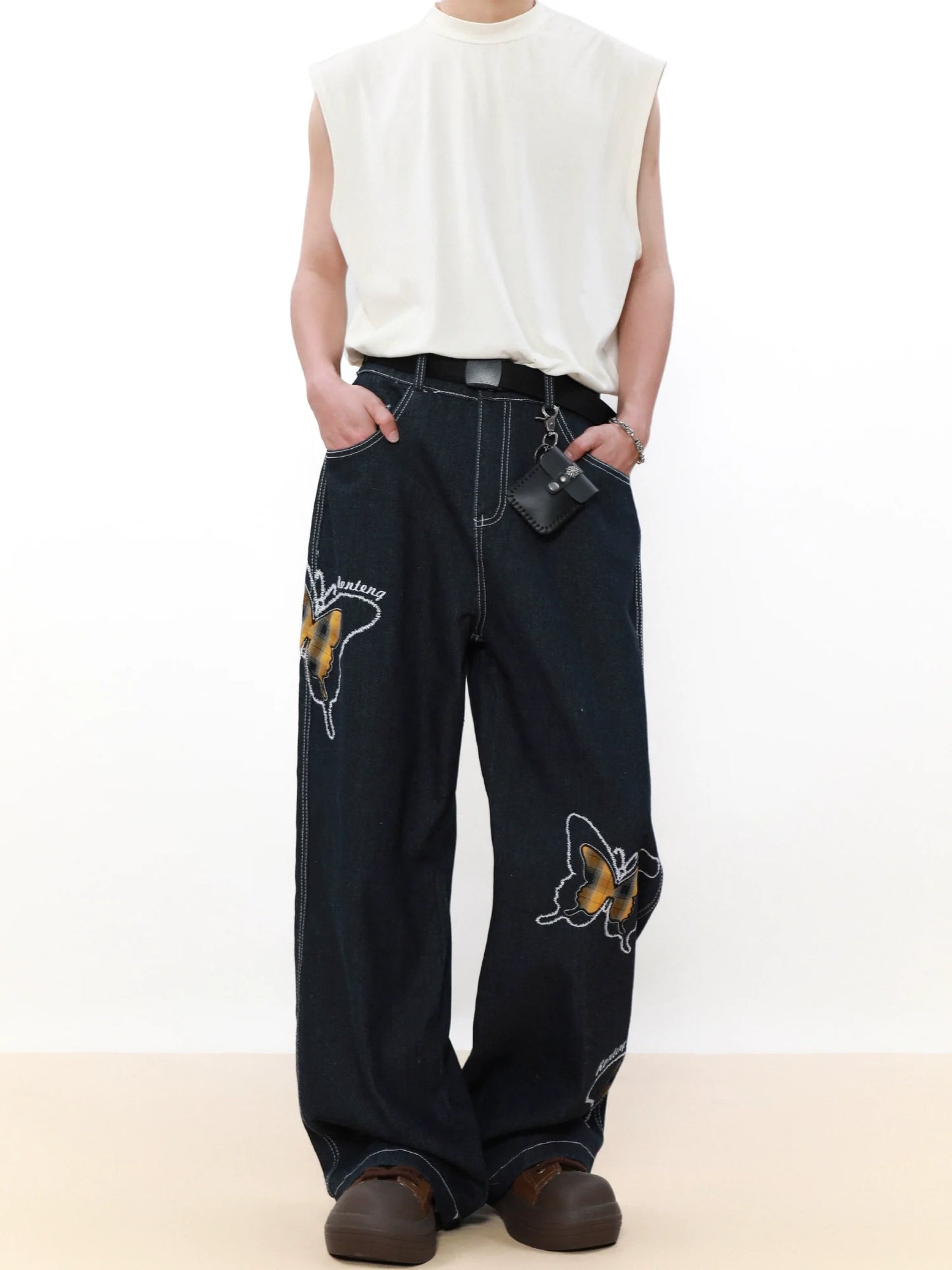 Butterfly Embroidery Straight Leg Denim Jeans