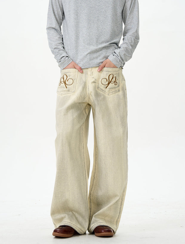 Embroidered Cream Wide Leg Pants