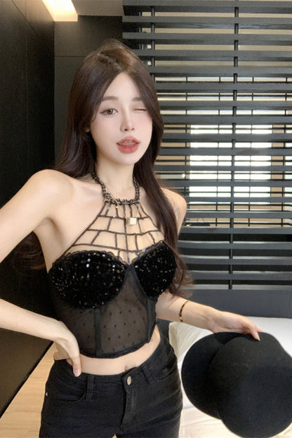 Black Mesh Sequin Top