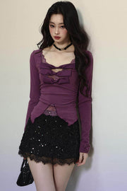 Purple Lace Embroidered Knit Top - My Store