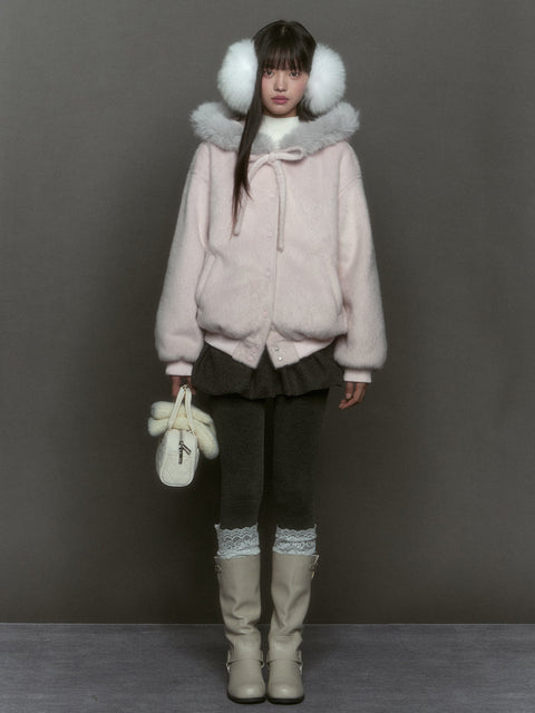 Pink Bow Tie Hooded Fur Baseball Jacket