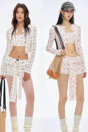 Floral Cardigan Lace Shorts Set-Up - My Store