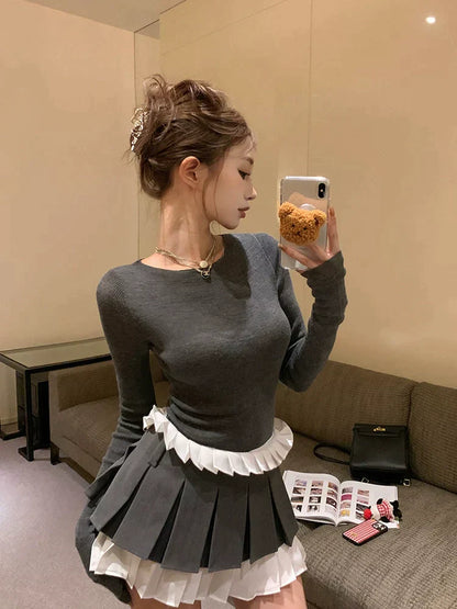 Layered Pleated Skirt & Sweater Set