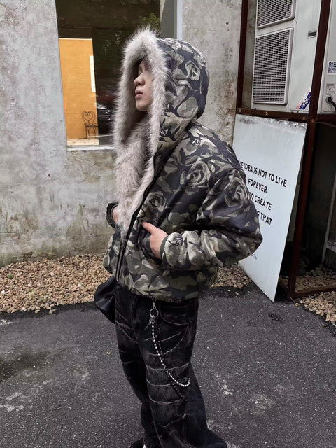 Fake Fur Camouflage Hooded Puffer Jacket