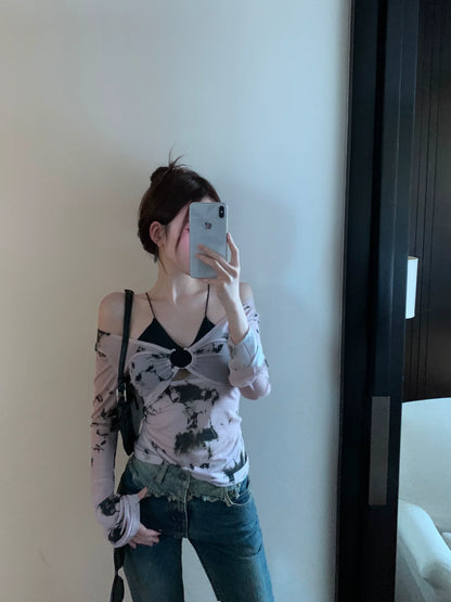 Black Bra & Print Long Sleeve Top