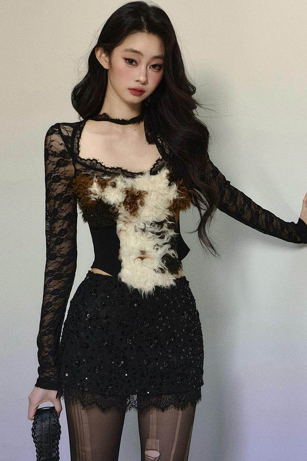 Lace Cut-Out Plush Knit Top - My Store