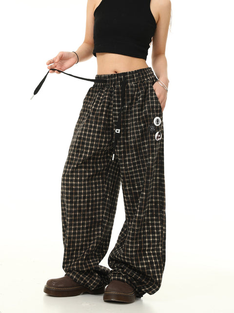 Trendy Elastic Waist Plaid Long Pants