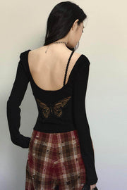 Crimson Lace Embroidered Backless Sweater - My Store