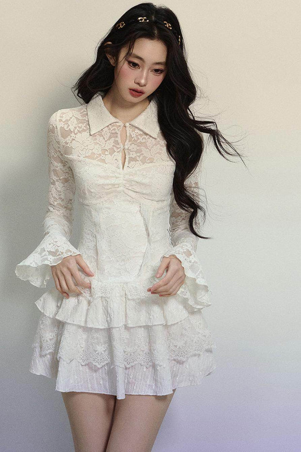 White Lace Fitted Short Dress - My Store