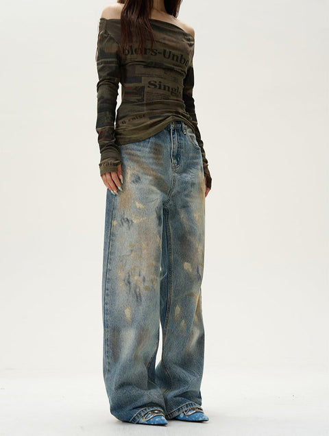 High Waist Wide Leg Paint Smudge Jeans