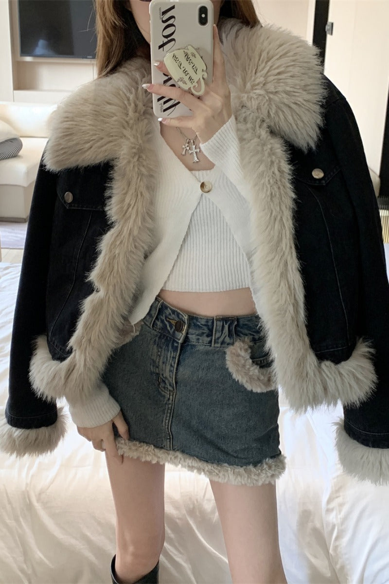 Grunge Fur Lined Denim Coat