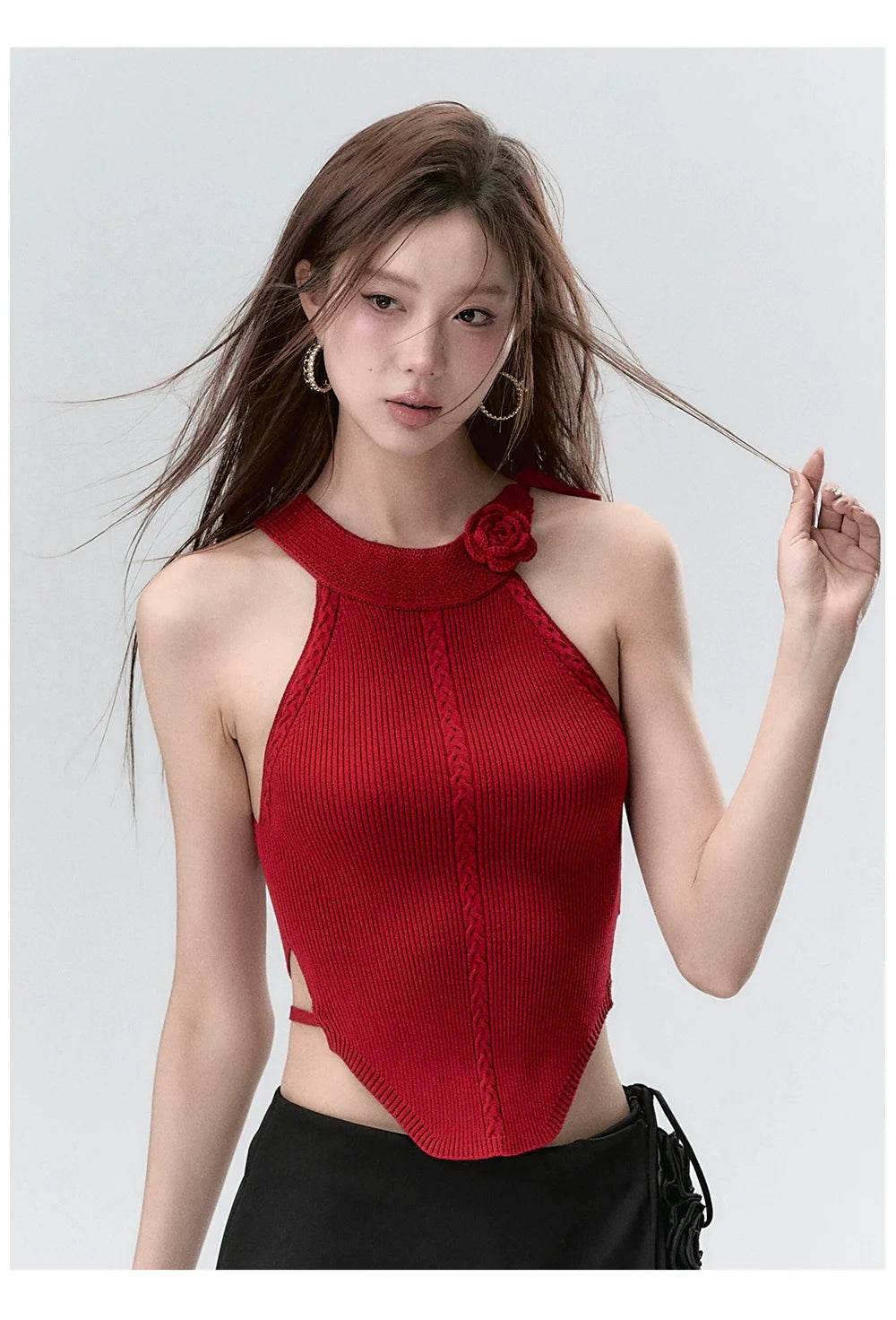 Red & Beige Rose Decor Crewneck Knitted Vest - My Store