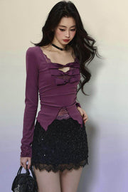 Purple Lace Embroidered Knit Top - My Store