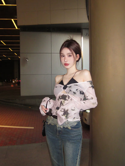 Black Bra & Print Long Sleeve Top