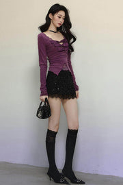 Purple Lace Embroidered Knit Top - My Store