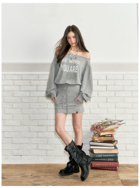 Rhinestone Letter One-Shoulder Sweatshirt & Skirt Set