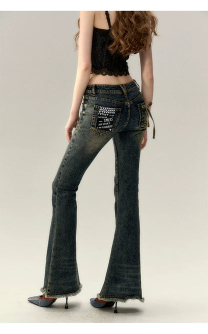 Dark Blue Denim Bow Wide-Leg Pants