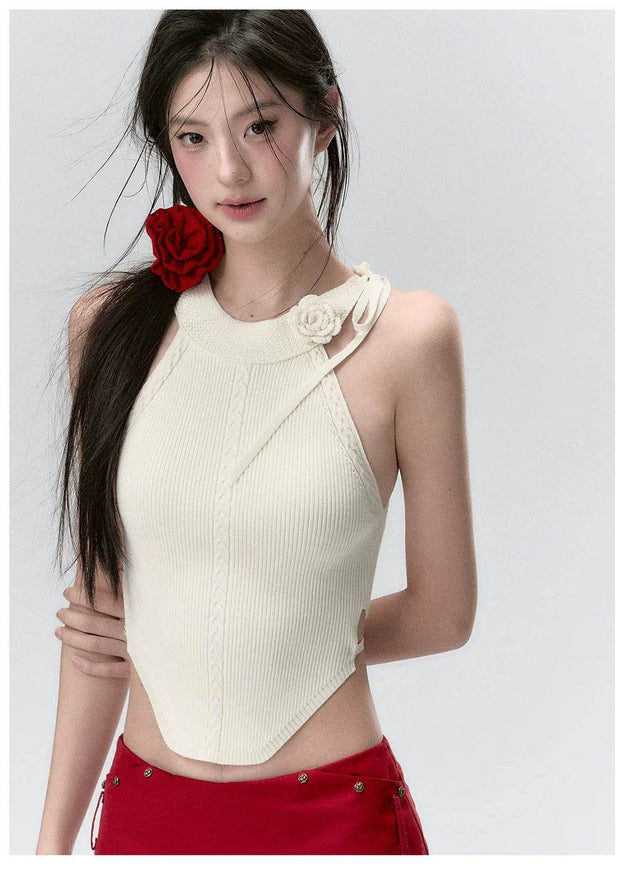 Red & Beige Rose Decor Crewneck Knitted Vest - My Store