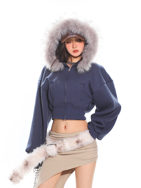 Cropped Faux Fur Hoodie Balloon Sleeves Jacket