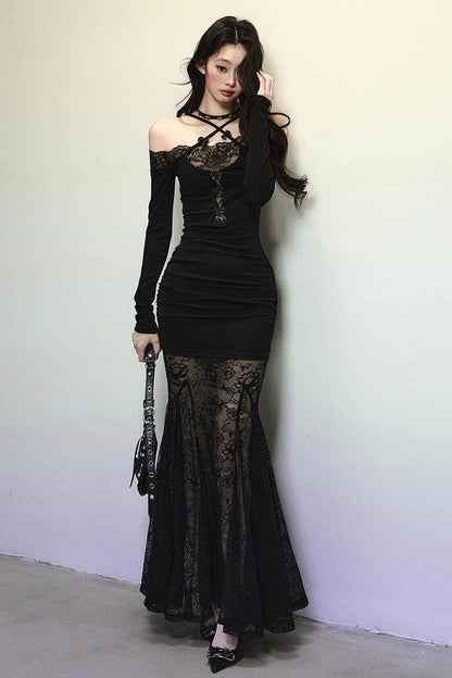 Elegant Lace Halter Long Dress - My Store