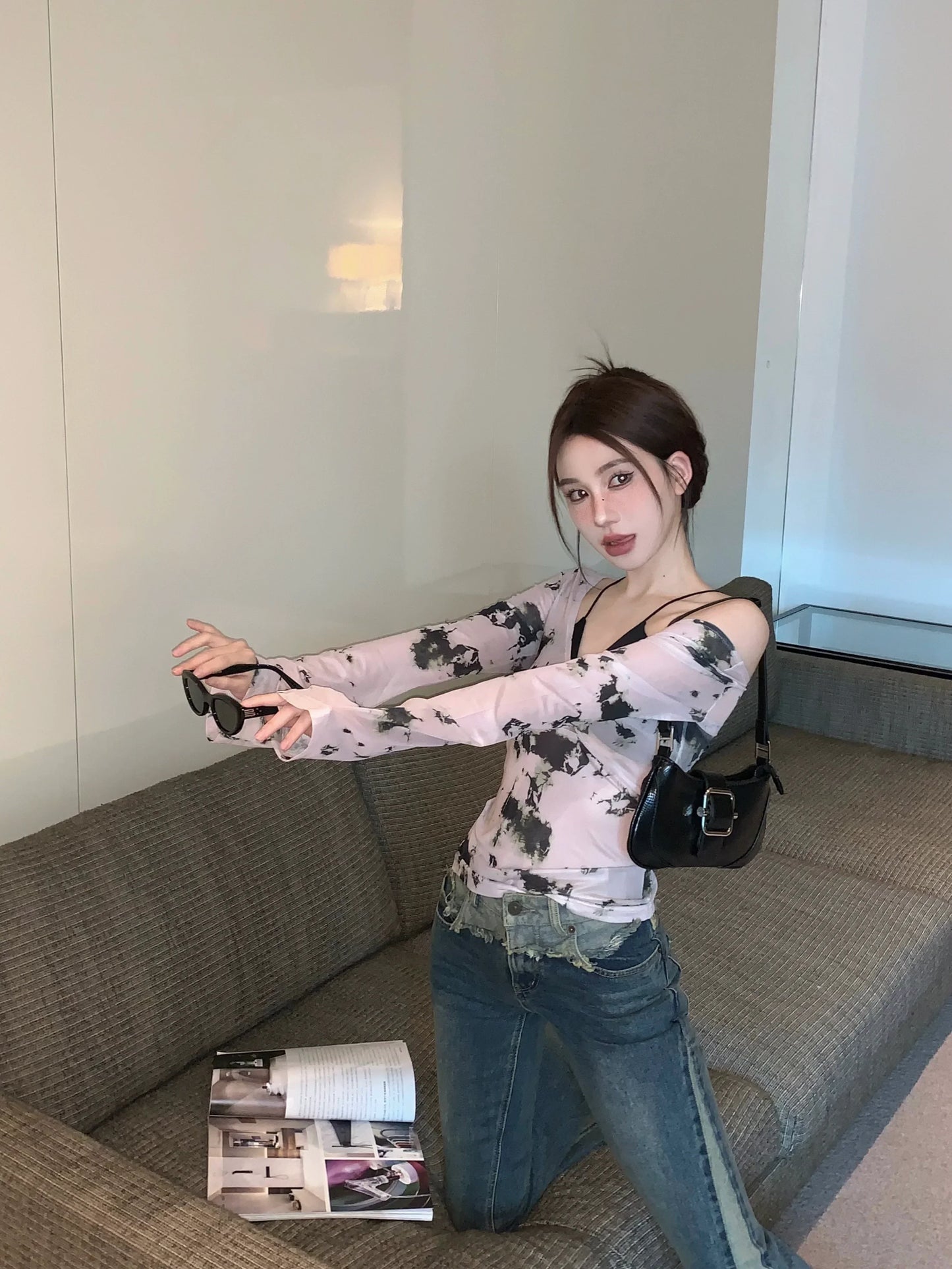 Black Bra & Print Long Sleeve Top