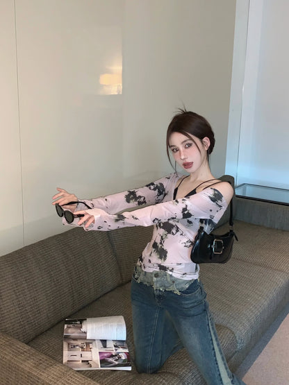 Black Bra & Print Long Sleeve Top