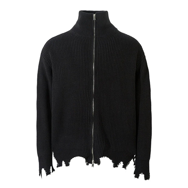 High Neck Damage Sleeve Zipper Knit Cardigan