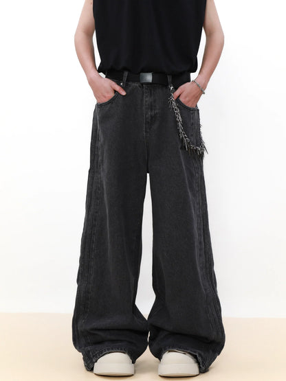 Washed Striped Patchwork Straight Leg Denim Jeans