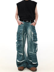 Washed Tie Dye Multi Pocket Wide Leg Denim Jeans