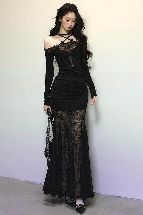 Elegant Lace Halter Long Dress - My Store