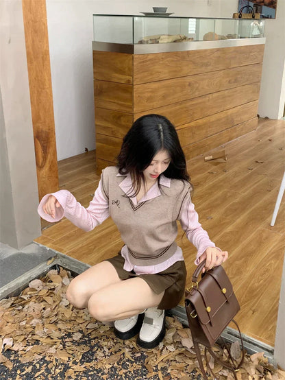 Pink Brown Vest Top & Skirt Set