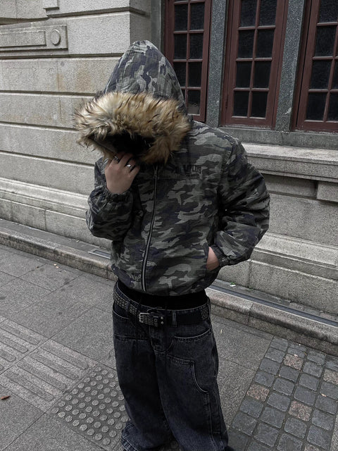 Camouflage Fake Fur Puffer Jacket