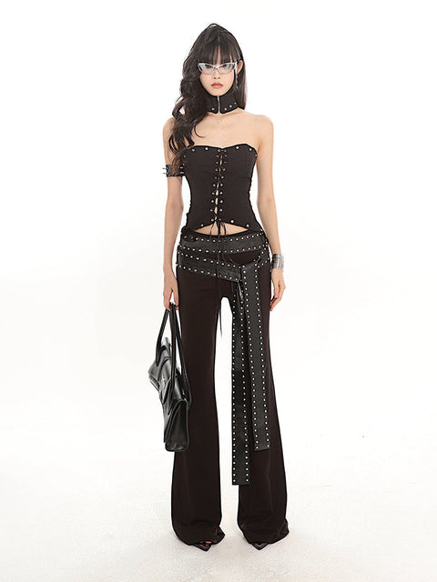 Strap Belt Set Flared Black Pants